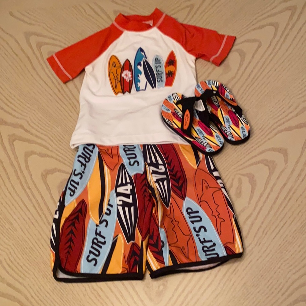 Gymboree swim trunks/rash guard with flip flops.